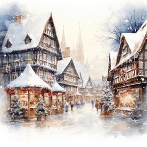 10 nostalgische kerststad clipart, Digitale Download, afdrukbare aquarel, papier ambachten, hoge resolutie, hoge kwaliteit JPG, dziennik śmieci