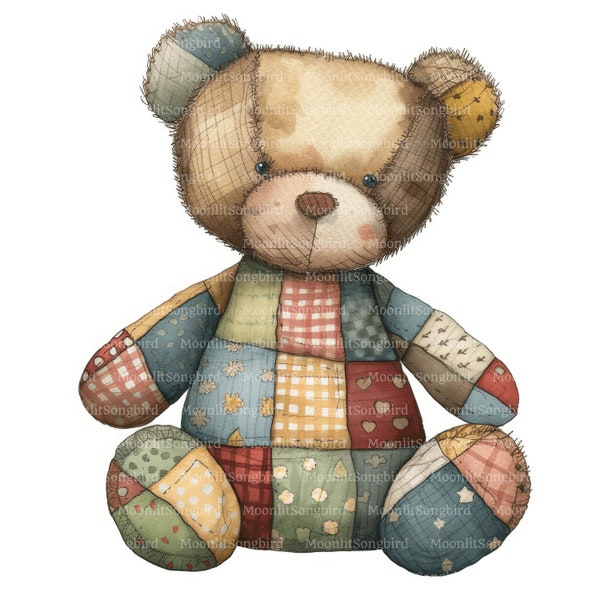 15 Clipart ours en peluche patchwork, téléchargement numérique, clipart aquarelle imprimable, créations en papier, peluche matelassée, courtepointe, journal indésirable