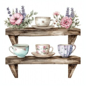 10 tazze da tè su uno scaffale clipart, download digitale, acquerello stampabile, lavoretti con la carta, tazze da tè, fiori, fiori, fiori, vintage, JPG, diario spazzatura