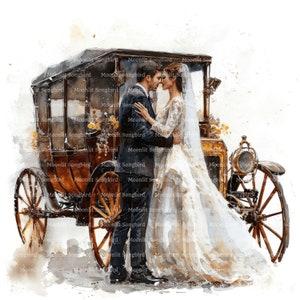 16 sposi con clipart di carrozza nuziale, download digitale, acquerello stampabile, lavoretti con la carta, matrimonio romantico, amore, diario spazzatura