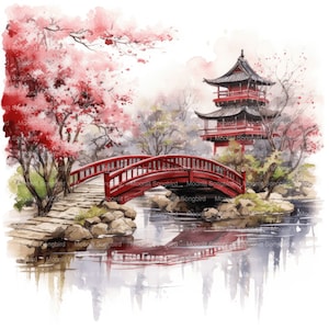 12 Japanischer Garten im Frühling, Clipart, digitaler Download, druckbare Aquarellfarbe, Papiermodelle, hohe Auflösung, hochwertige JPG, Junk Journal