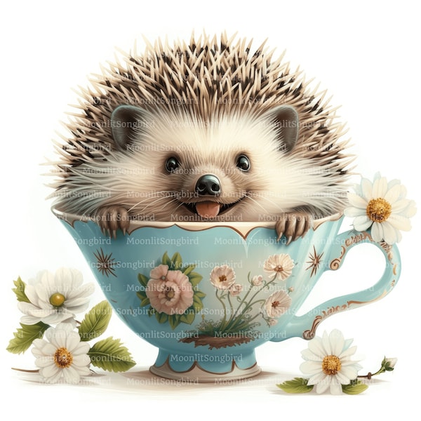 11 Hedgehog in Tea Cup Clipart, Digital Download, Printable Watercolor Clipart, Paper Crafts, Vintage Floral Teacup, Flowers, Junk Journal