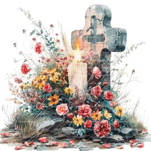 10 cliparts bougie et fleurs sur la tombe, téléchargement numérique, images aquarelles imprimables, travaux manuels en papier, funérailles, JPG haute qualité, journal indésirable