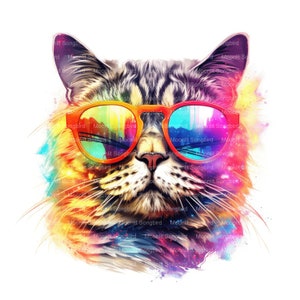 10 gatti con fantastici occhiali da sole clipart, download digitale, acquerello stampabile, artigianato con la carta, alta risoluzione, JPG di alta qualità, diario spazzatura