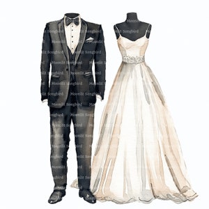 10 Clipart costume et robe de mariée, téléchargement numérique, clipart aquarelle imprimable, créations en papier, vêtements, JPG de haute qualité, journal indésirable