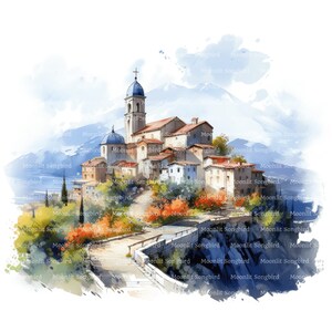14 Clipart di Mountain Top Village, download digitale, acquerello stampabile, lavoretti di carta, grazioso villaggio panoramico, JPG di alta qualità, Junk Journal
