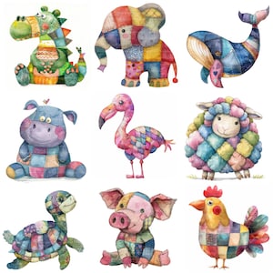 50 imágenes prediseñadas de animales de patchwork (¡solo imágenes!). Descarga digital, imágenes prediseñadas de acuarela imprimibles, manualidades de papel, animales acolchados adorables, diario basura.