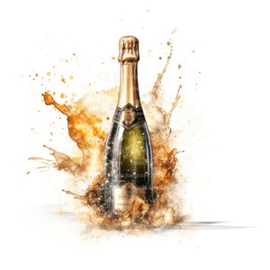 May include: A champagne bottle with a gold top and label, exploding with golden liquid and bubbles against a white background.