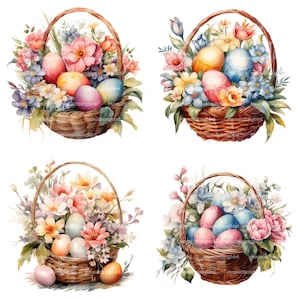 16 Uova di Pasqua e fiori in cestino Clipart, download digitale, Clipart acquerello stampabile, lavoretti di carta, JPG di alta qualità, Junk Journal