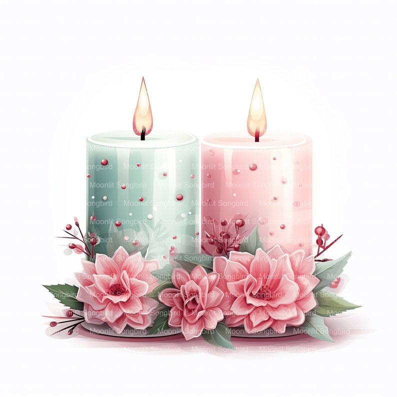 10 Pink and Green Candles Clipart, Digital Download, Printable