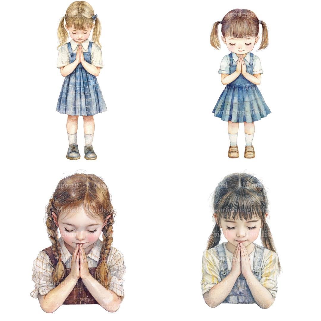 12 Schoolgirl Praying Clipart, Digital Download, Cute Little Girl