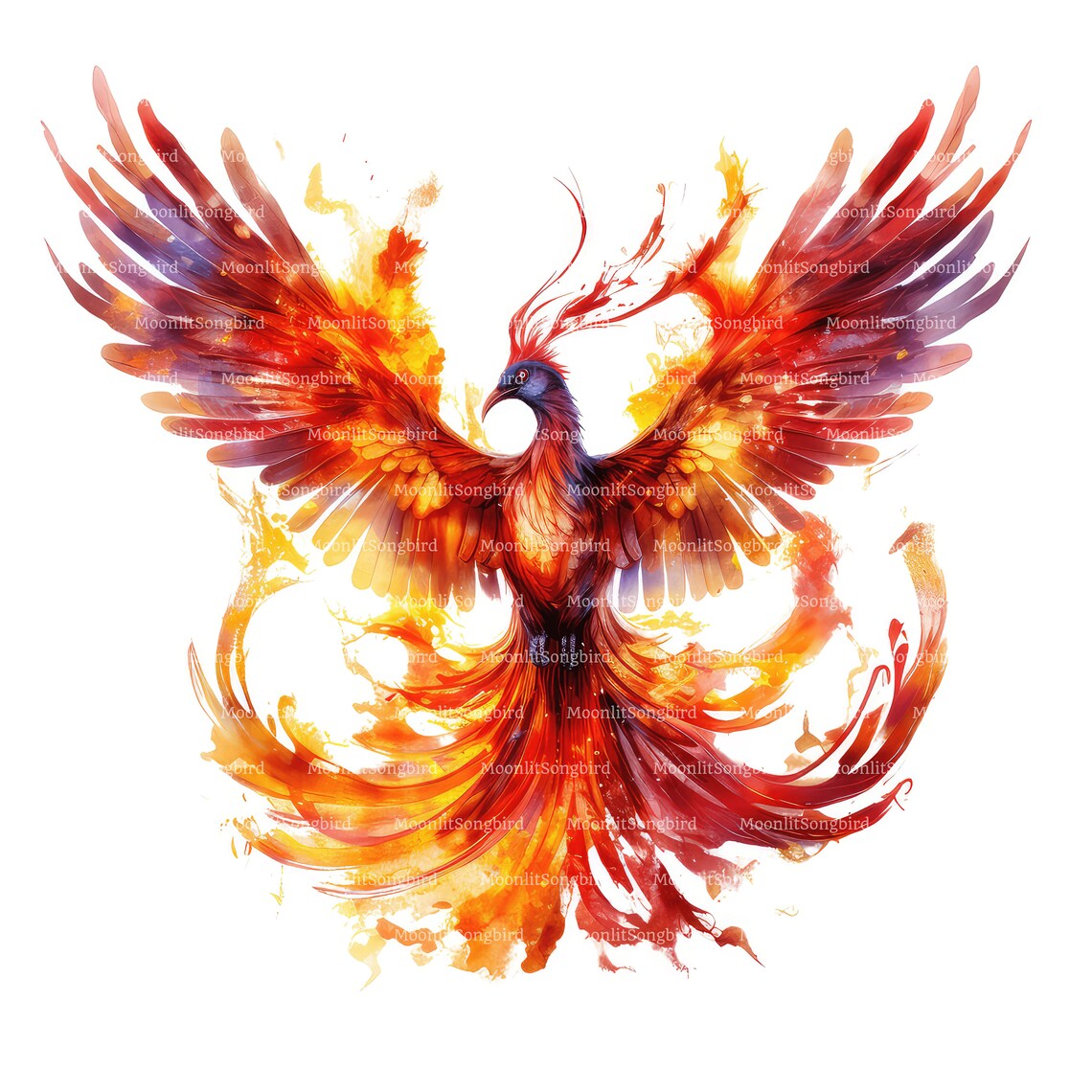 14 Fiery Phoenix Rising Clipart, Digital Download, Printable Watercolor ...