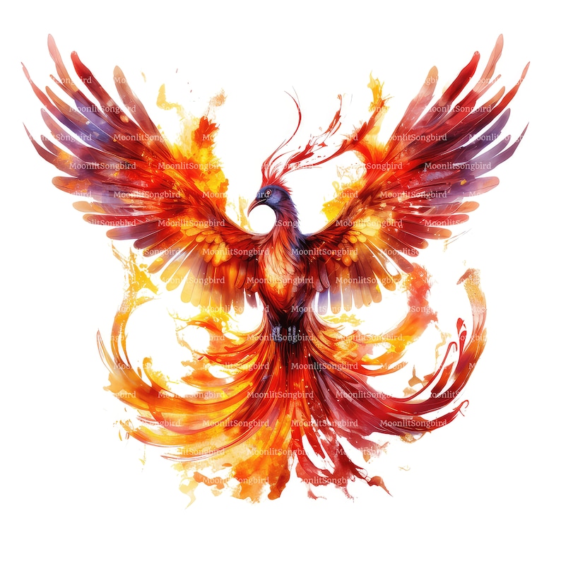 May include: A fiery orange and red phoenix bird with outstretched wings, painted in a watercolor style. The bird is surrounded by flames and smoke, creating a dynamic and powerful image.