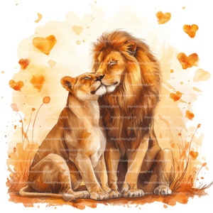 14 imágenes prediseñadas de leones románticos, descarga digital, imágenes prediseñadas de acuarela imprimibles, manualidades de papel, corazones, amor, pareja, JPG de calidad, diario basura