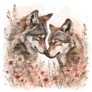 14 Wolf paar in bloemen clipart, digitale download, afdrukbare aquarel, papierkunst, romantisch, liefde, roze, kwaliteit JPG, Junk Journal