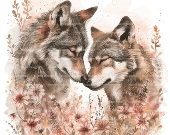 14 Wolf Couple in Flowers Clipart, Digital Download, Printable Watercolor, Paper Crafts, Romantic, Love, Pink, Quality JPG, Junk Journal