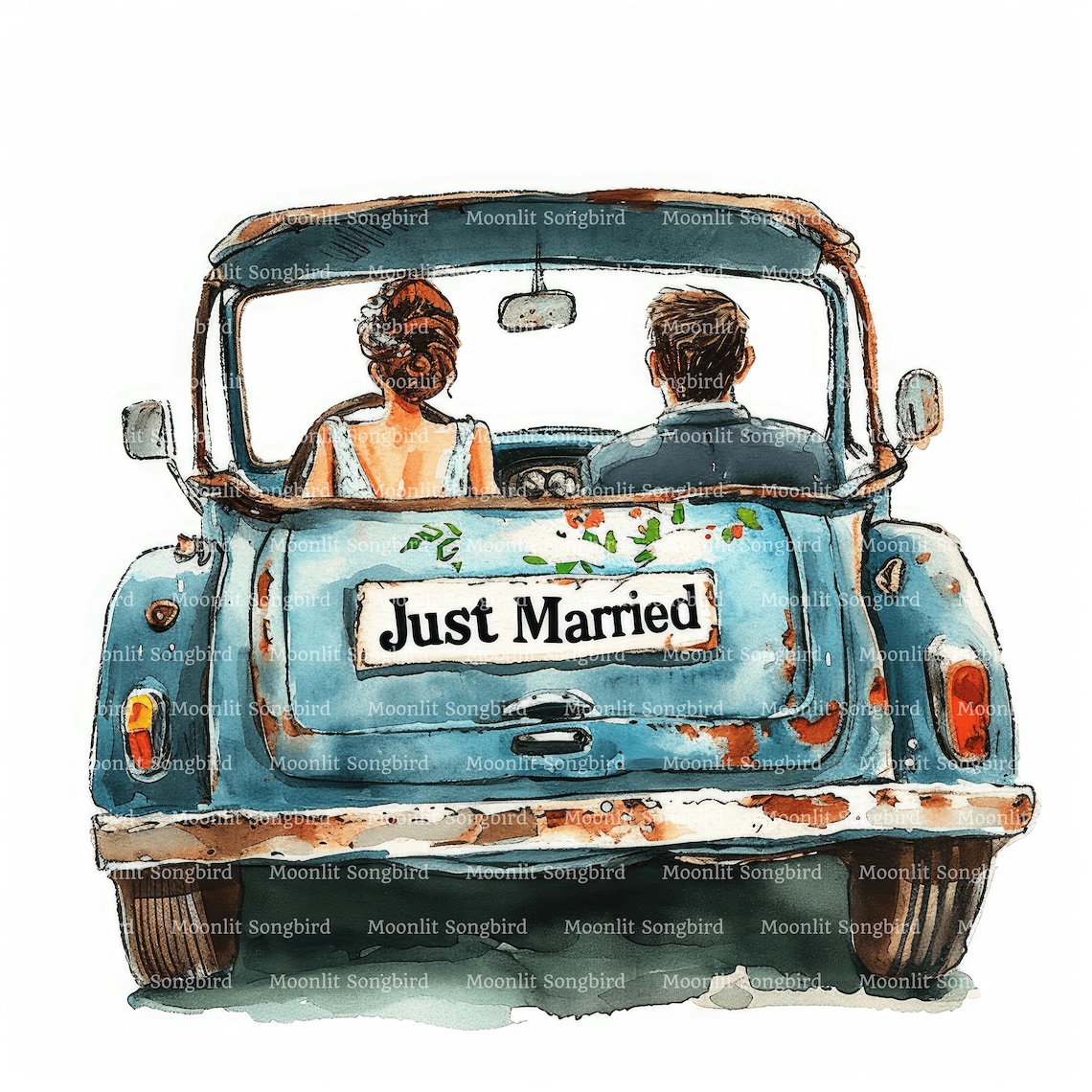 12 Just Married Car With Bride and Groom Clipart, Digital Download, Printable Watercolor Clipart ...