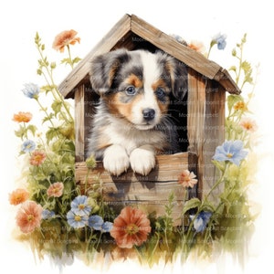 17 puppy in hondenhok clipart, digitale download, afdrukbare aquarel clipart, papier ambachten, hoge resolutie, hoge kwaliteit JPG, junk Journal