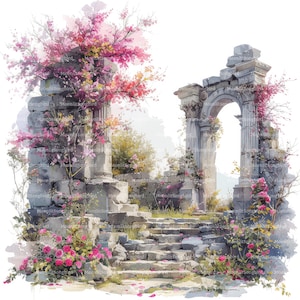 16 imágenes prediseñadas de edificios en ruinas con motivos florales, descarga digital, imágenes de acuarela imprimibles, manualidades de papel, ruinas, flores, JPG abandonados, diario basura