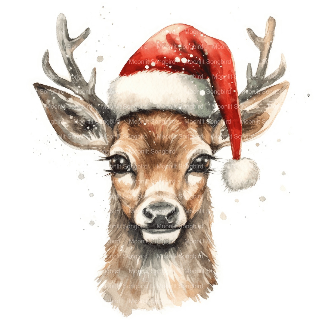 12 Deer With Santa Hat Clipart, Digital Download, Printable Watercolor ...