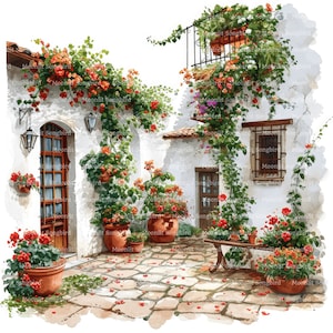 12 cortili italiani Clipart, download digitale, clipart acquerello stampabile, lavori di carta, scena italiana, JPG di alta qualità, Junk Journal