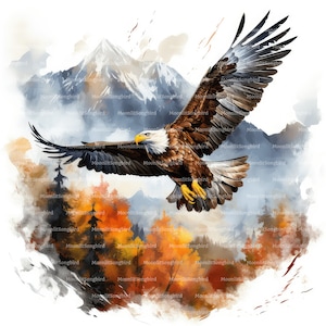 14 Aquila in autunno Clipart, download digitale, acquerello stampabile, lavoretti di carta, uccello in volo, foresta, montagne, JPG di qualità, diario spazzatura