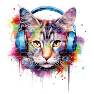 12 Bunte Katze mit Kopfhörer Clipart, digitaler Download, druckbare Aquarellfarbe, Papiermodelle, hohe Auflösung und Qualität JPG, Junk Journal