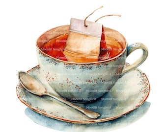 10 Tea with Tea Bag Clipart, Digital Download, Printable Watercolor Clipart, Paper Crafts, Cup of Tea, Vintage Floral Teatime, Junk Journal