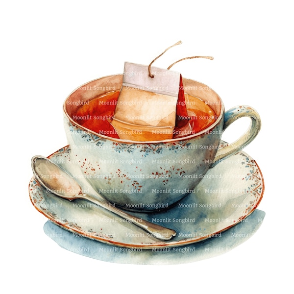 10 Tea with Tea Bag Clipart, Digital Download, Printable Watercolor Clipart, Paper Crafts, Cup of Tea, Vintage Floral Teatime, Junk Journal
