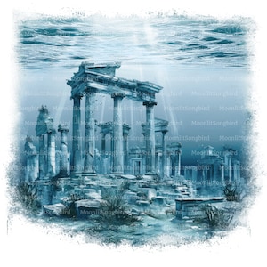 11 Atlantis Unterwasser Stadt Clipart, digitaler Download, druckbare Aquarell Clipart, Papier Handwerk, verlorene Stadt, versunken, Meer, JPG, Junk Journal