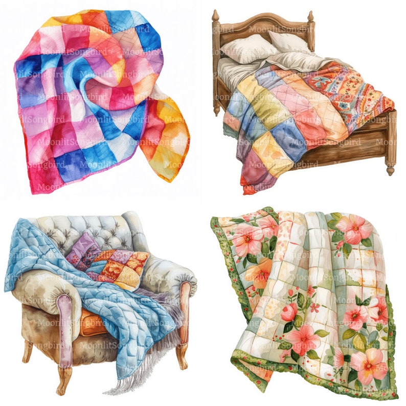 14 Quilted Blanket Scenes, Patchwork Clipart, Digital Download ...