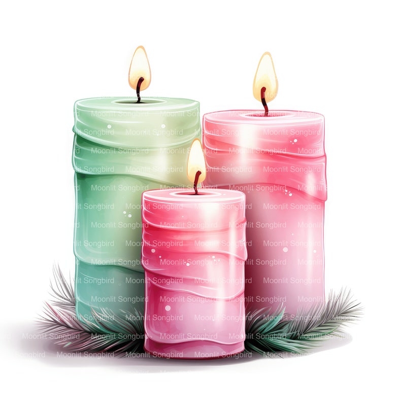 10 Pink and Green Candles Clipart, Digital Download, Printable