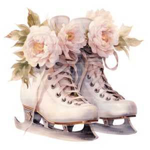 15 imágenes prediseñadas de patines de hielo vintage con flores, descarga digital, acuarela imprimible, manualidades de papel, alta resolución, JPG de alta calidad, diario basura