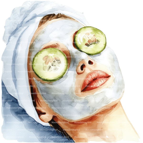 15 Woman with Mud Mask and Cucumber Slices Clipart, Digital Download, Printable Watercolor, Paper Crafts,, High Quality JPG, Junk Journal