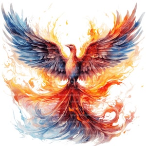 May include: A vibrant phoenix rising from flames, with blue and red wings and a long tail of fire. The phoenix is depicted in a watercolor style, with splashes of orange, yellow, and blue.
