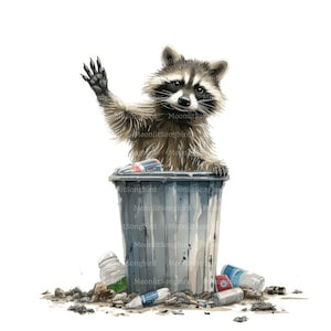 11 grappige wasberen in prullenbak clipart, digitale download, afdrukbare aquarel clipart, papier ambachten, prullenbak panda, kwaliteit JPG, Junk Journal