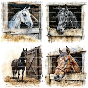 12 Pferde im Stall Clipart, digitaler Download, druckbare Aquarell Clipart, Papiermodelle, süßes braunes, weißes Pferd, JPG, Junk Journal