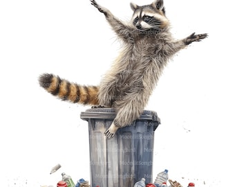 Imágenes prediseñadas de mapaches bailarines en acuarela, arte con botes de basura (descarga digital)