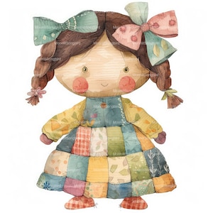 10 Patchwork Doll Clipart (Images Only!) Digital Download, Printable Watercolor Clipart, Paper Crafts, Quilted Doll, Rag Doll, Junk Journal