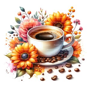 10 cliparts floral café, téléchargement numérique, images aquarelles imprimables, créations en papier, grains de café, boisson chaude, JPG de qualité, journal indésirable