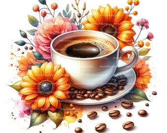 10 Floral Coffee Clipart, Digital Download, Printable Watercolor Images, Paper Crafts, Coffee beans, Hot Drink, Quality JPG, Junk Journal