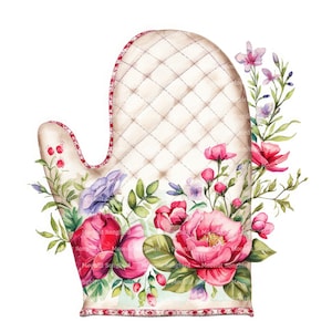 Peut inclure: Une manique de cuisine matelassée blanche avec un motif floral. La manique est décorée de fleurs roses, rouges et violettes, ainsi que de feuilles vertes. Les fleurs sont disposées en forme de bouquet sur la manique.