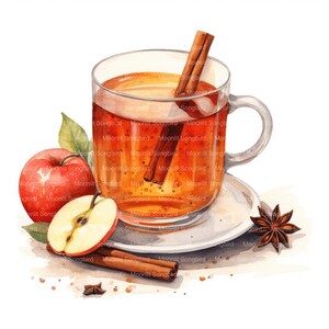 K&ouml;nnte beinhalten: Eine gl&auml;serne Tasse gef&uuml;llt mit einem warmen, gew&uuml;rzten Getr&auml;nk, wie Apfelwein oder Gl&uuml;hwein. Die Tasse steht auf einem wei&szlig;en Untersetzer mit einem Zimtstange und Sternanis daneben. Zwei rote &Auml;pfel, einer ganz und einer geschnitten, befinden sich im Vordergrund.