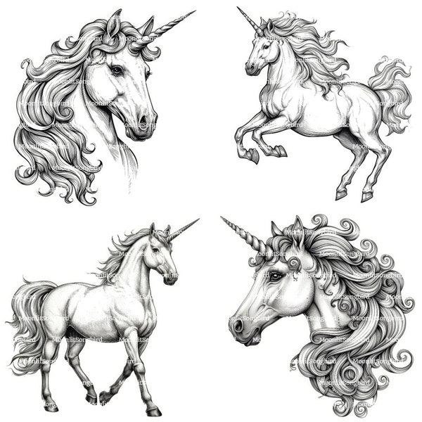 20 Unicorn Drawings Clipart, Digital Download, Printable Watercolor Clipart, Paper Crafts, High Resolution, High Quality JPG, Junk Journal