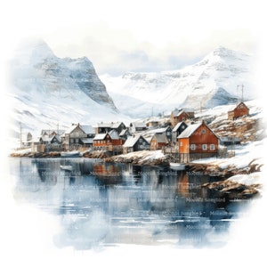15 Faeröer Eilanden in de winter Clipart, Digitale download, Afdrukbare aquarel, Papierkunst, Hoge resolutie, Hoge kwaliteit JPG, Junk Journal