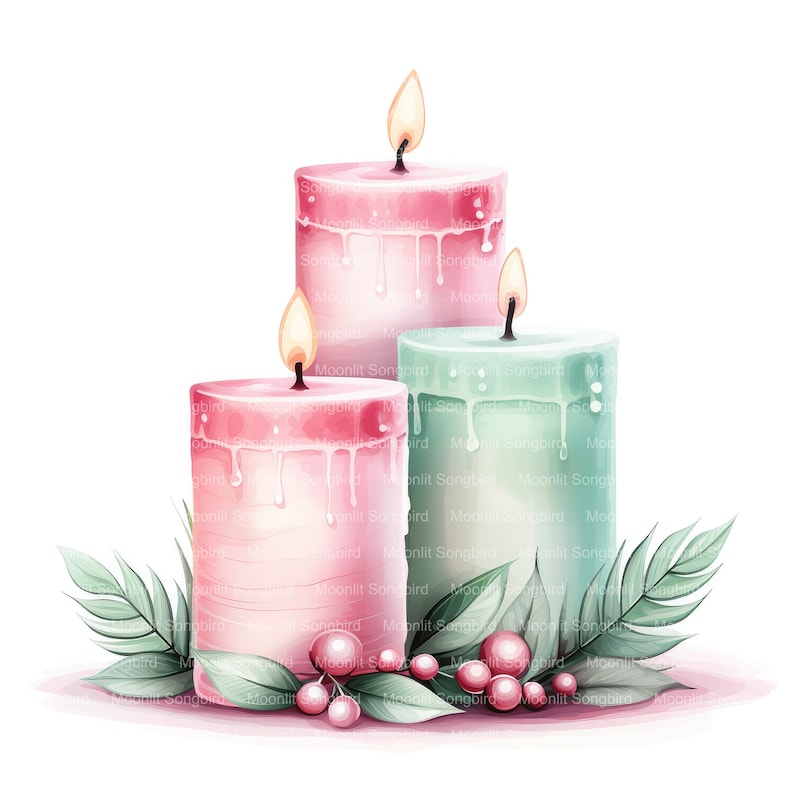 10 Pink and Green Candles Clipart, Digital Download, Printable