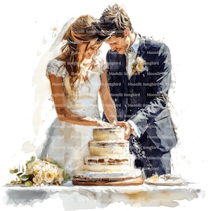 10 Clipart per torta nuziale con taglio della sposa e dello sposo, download digitale, clipart acquerello stampabile, artigianato con la carta, JPG di qualità, diario spazzatura