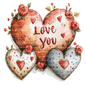 11 corazones de amor, clipart, descarga digital, clipart de acuarela imprimible, manualidades de papel, día de San Valentín, romántico, amor, JPG, diario basura