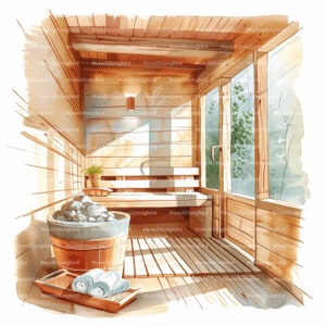 12 imágenes prediseñadas de sauna, descarga digital, imágenes prediseñadas de acuarela imprimibles, manualidades de papel, autocuidado, relajación, spa, JPG de alta calidad, diario basura