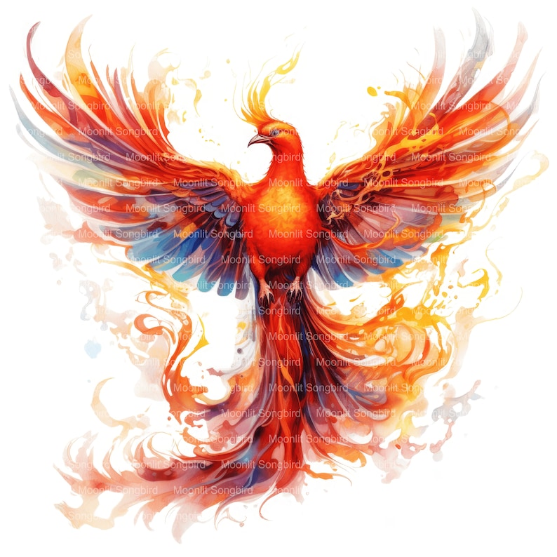 May include: A fiery orange and yellow phoenix bird with blue and purple accents, painted in a watercolor style.